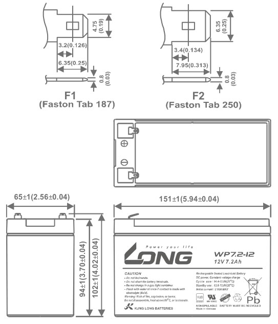 Thông số kích thước của Ắc quy kín khí Long 12V-7.2Ah (WP7.2-12)