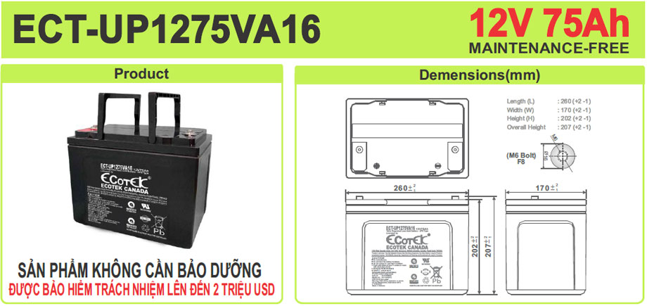 Thông số kích thước của Ắc quy ECOTEK 12V-75Ah (ECT-UP1275VA16)